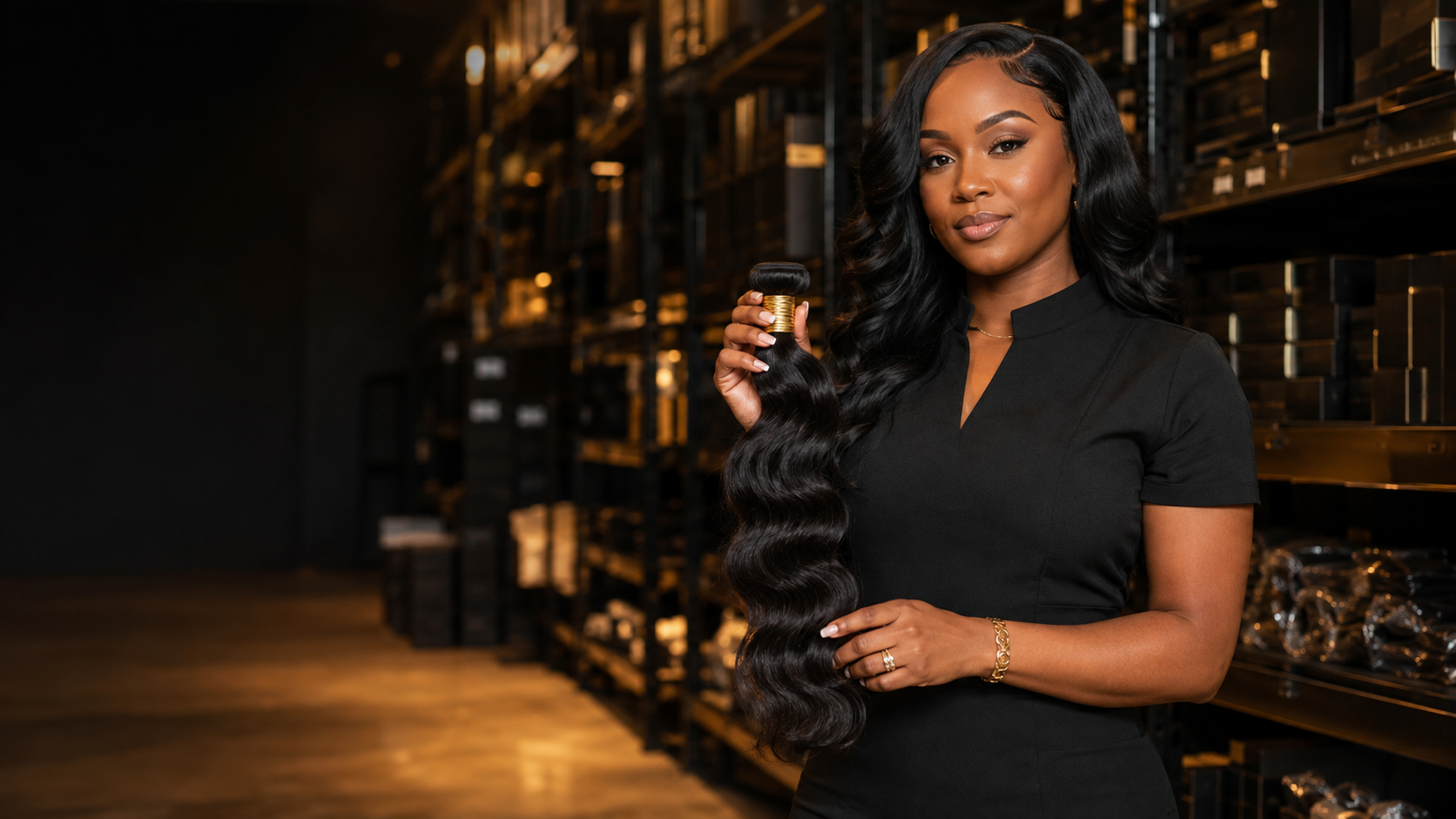 Professional hairstylist holding premium human hair in an XBL warehouse