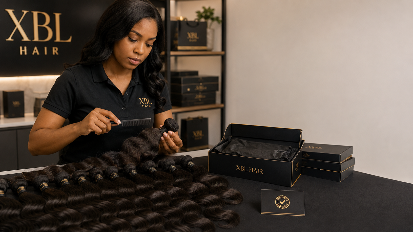 XBL specialist performing final inspection on finished body wave hair bundles