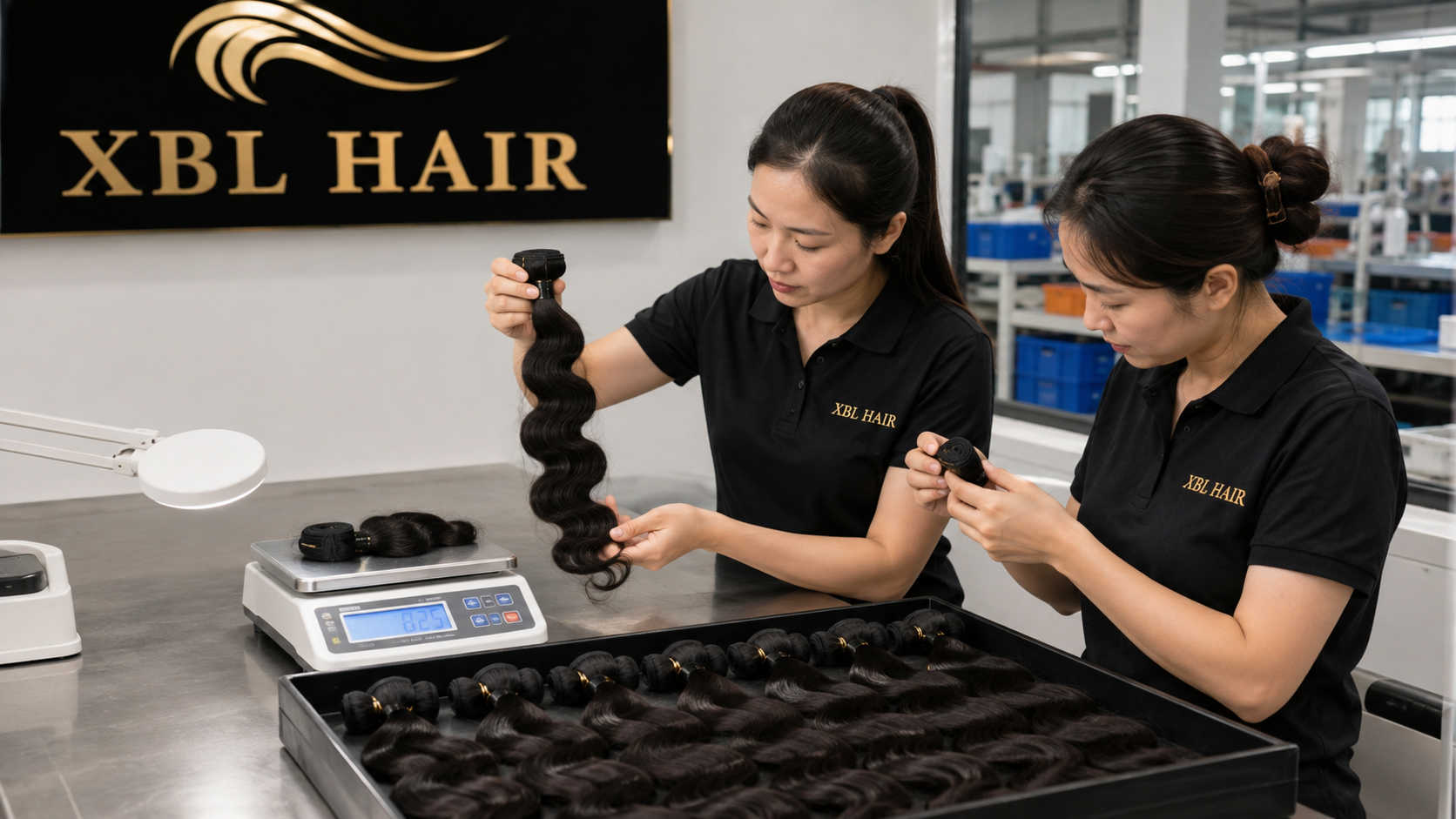 XBL quality team checking hair bundle weight and construction during production