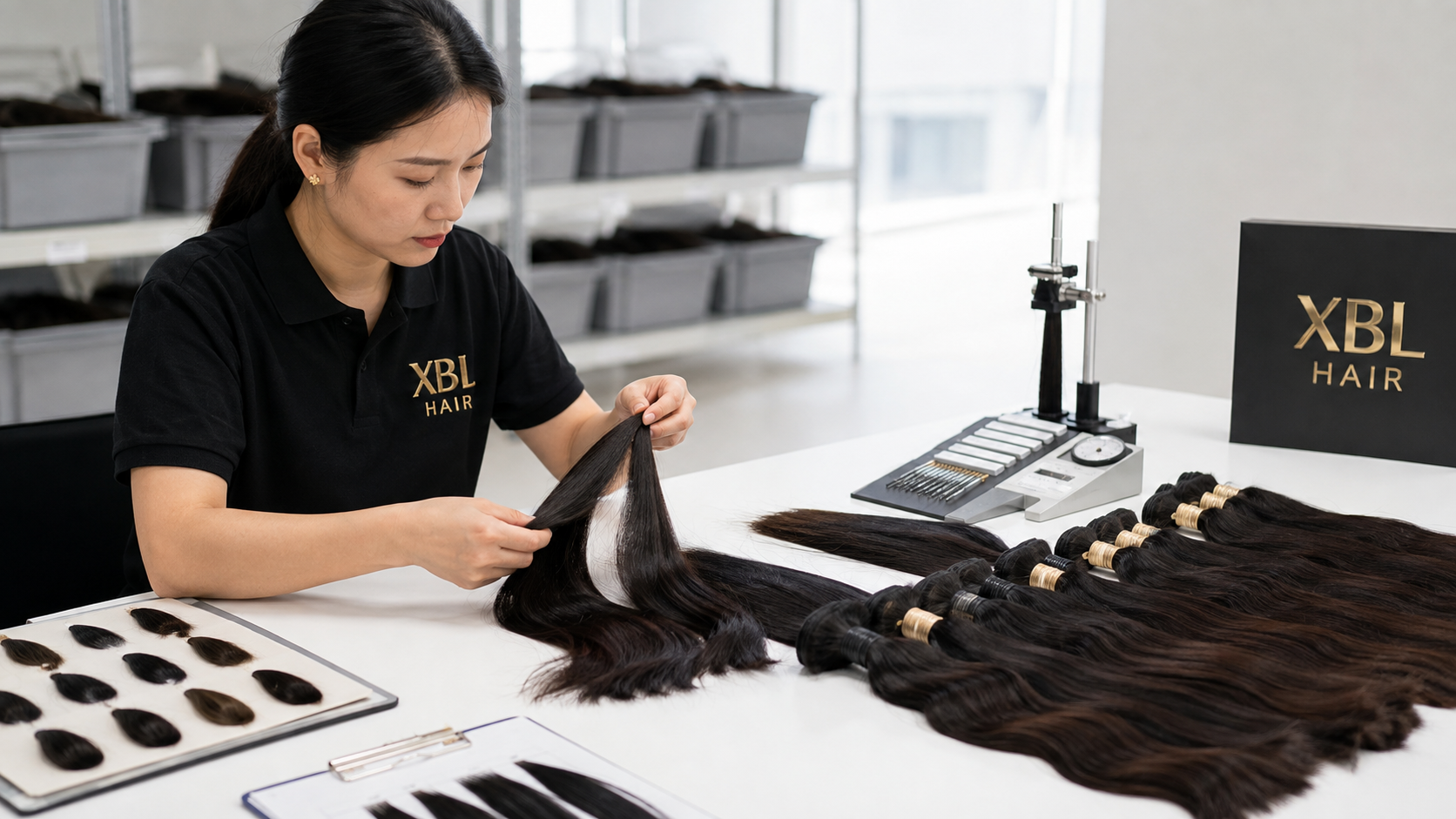 XBL inspector selecting and testing raw human hair materials
