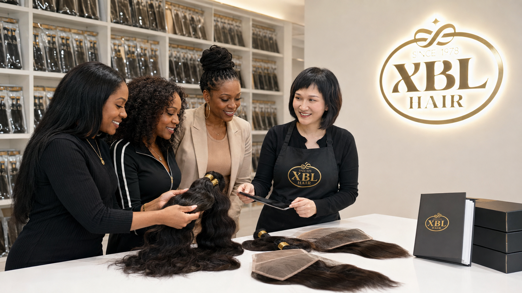Salon-owner visitors selecting human hair at the XBL showroom